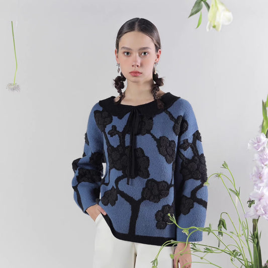 blue and black floral lace loose knit sweater 