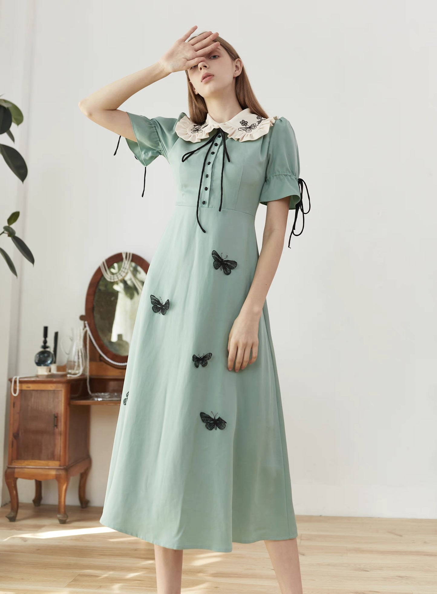 butterfly embroidered avocado green dress 