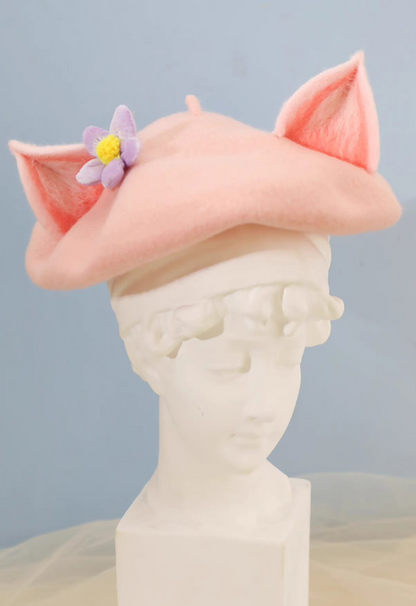 wool felt cute pink fox ears beret