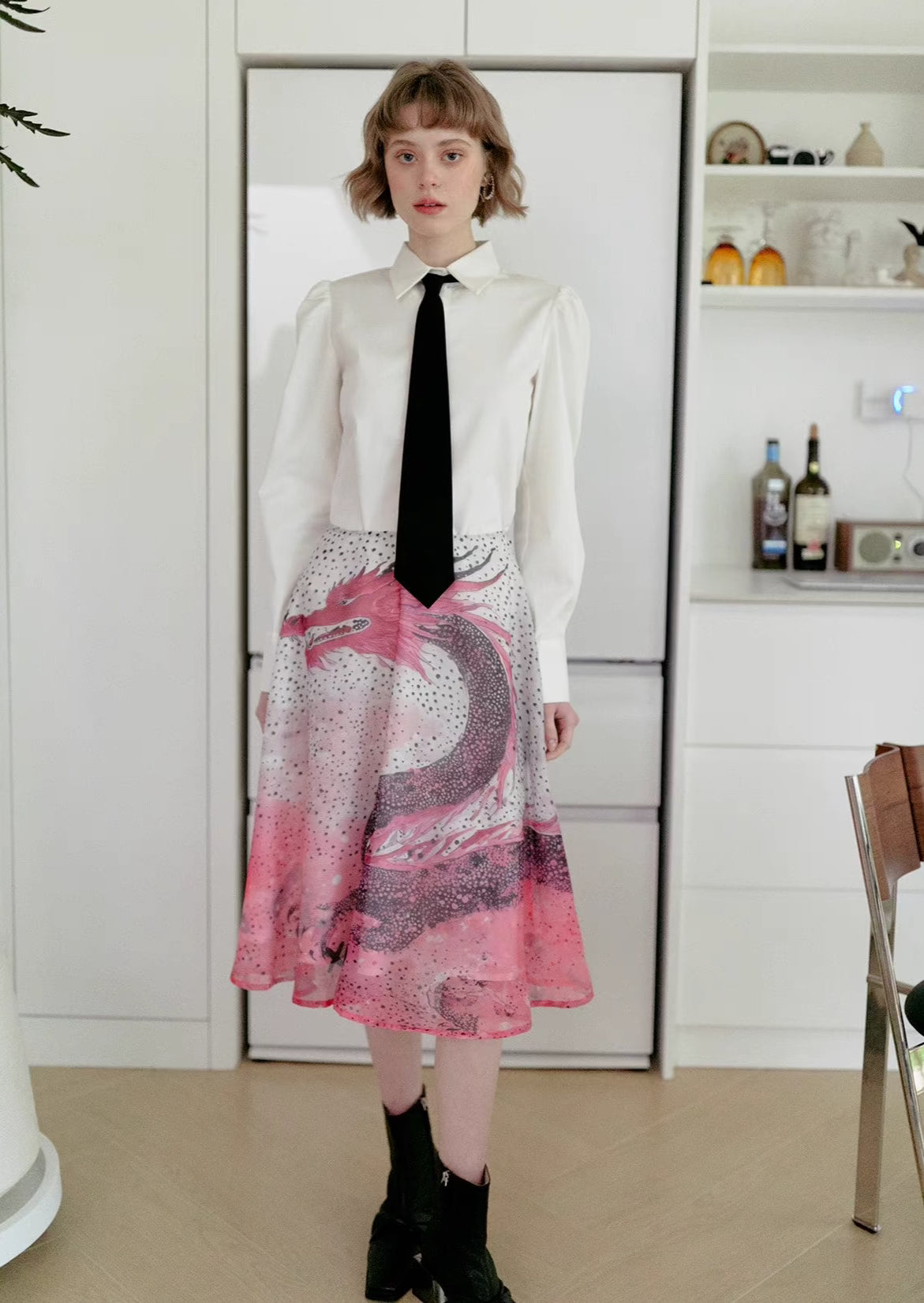polka dot dragon print mid-length skirt 