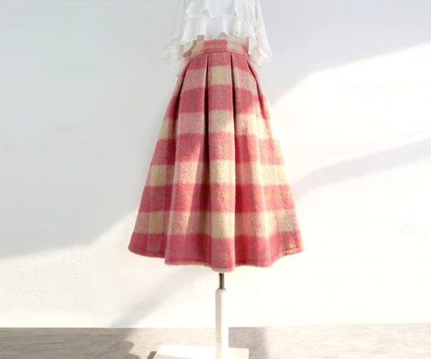 pink plaid woolen A-type high-waisted skirt