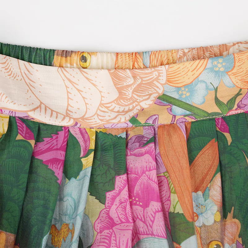 Cat Mystic Garden Print High Waist Pleated Skirt