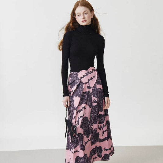 Pink and ink portrait heart-shaped pleated long skirt 