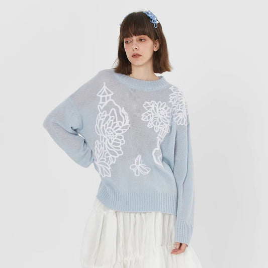 blue and white national style scene embroidered sweater 