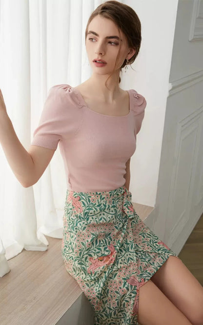 full-bottom rabbit floral print skirt