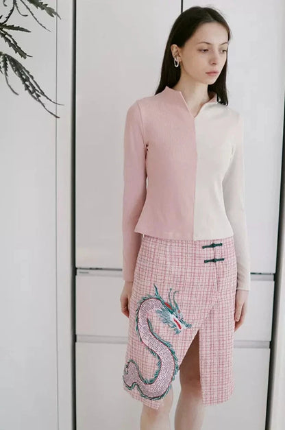Popron dragon embroidered tweed slit skirt 