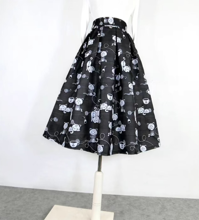 cat embroidered mid-length tutu skirt