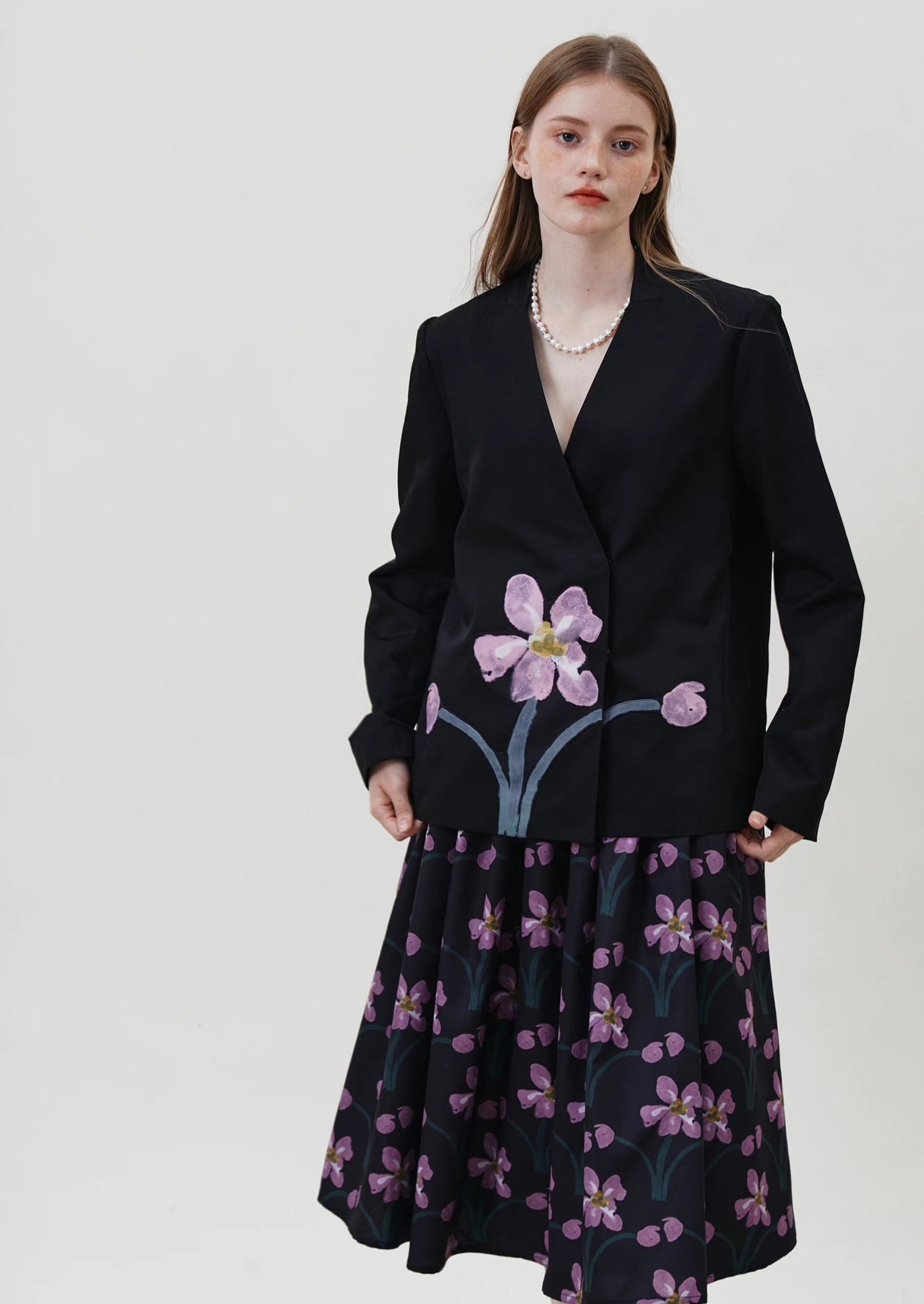 black collarless hand-painted flower patch jacket