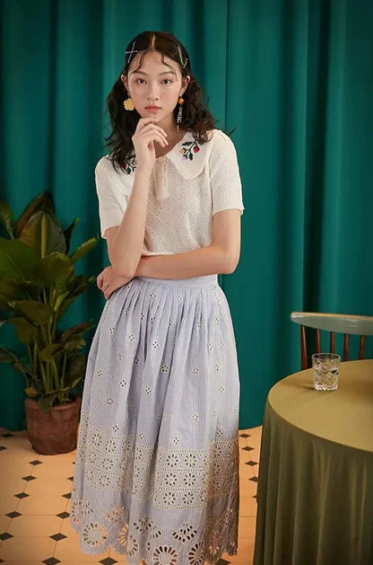 fresh hollow embroidered literary skirt 