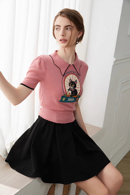 cat embroidered pink short slim fit sweater 