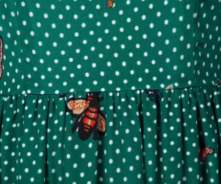green polka dot butterfly bee suspender dress 