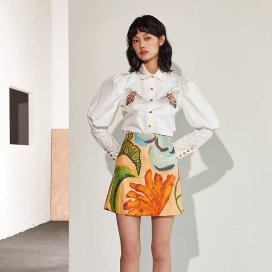 star-style skirt artistic plant print skirt 