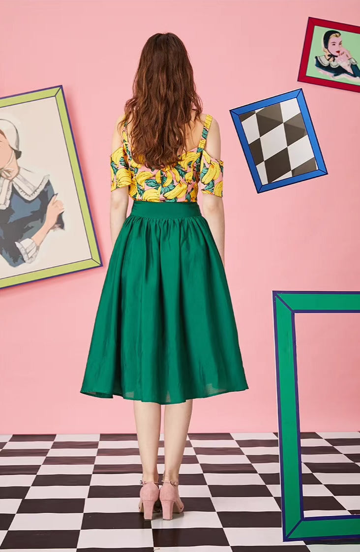 mid-length thin retro A-line pleated skirt 