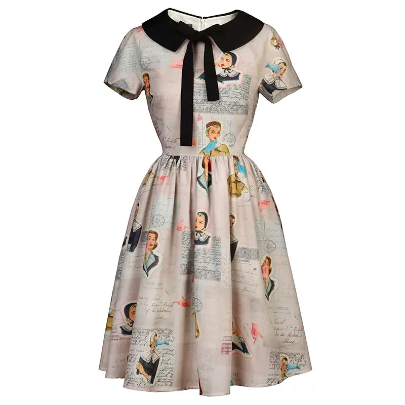 Retro Girl Print Color Bow Round Neck Dress