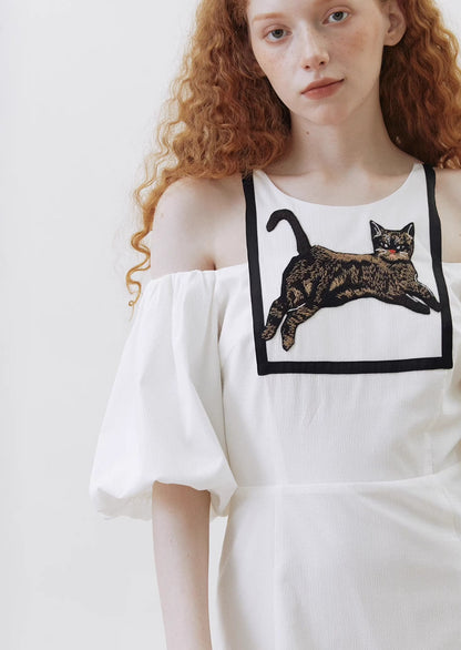 cat embroidered suspender straps dress
