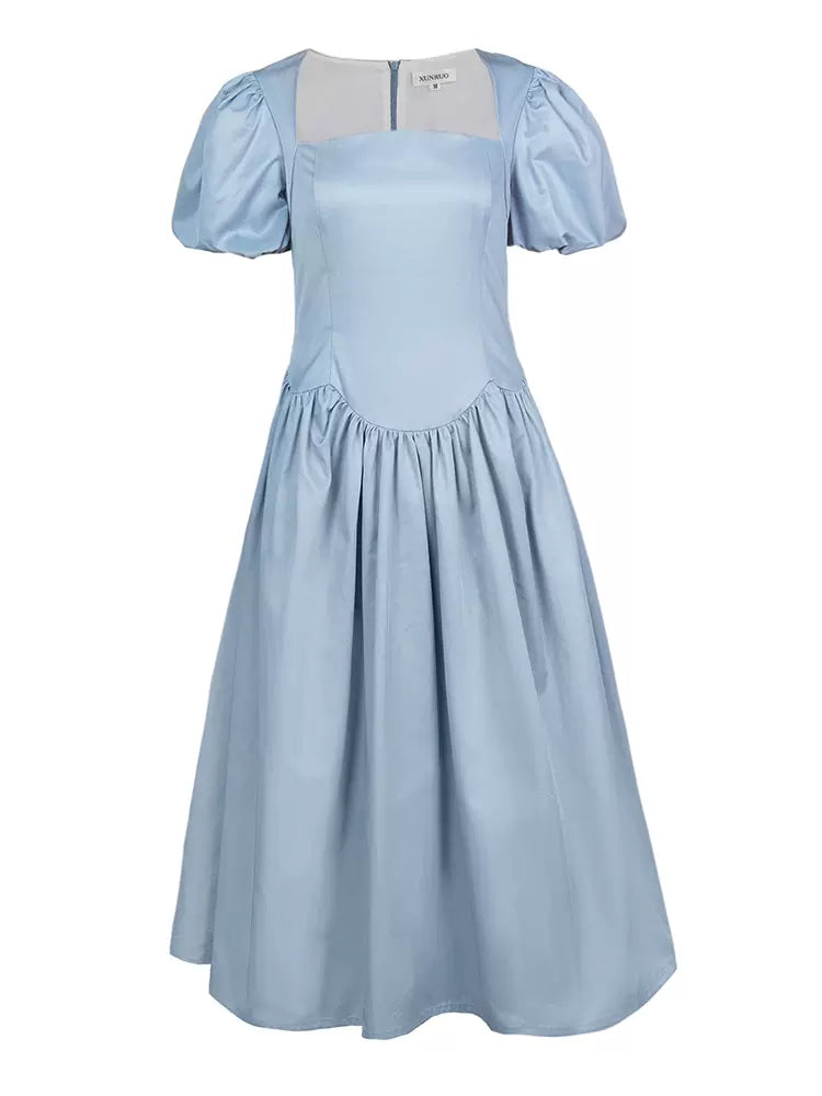 blue square neck low waist pleated dress 