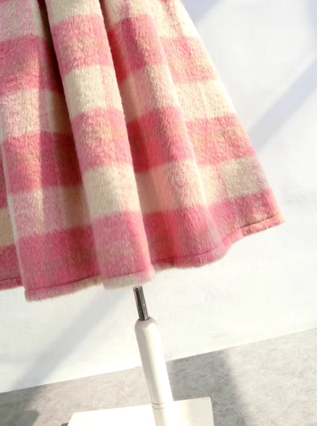 pink plaid woolen A-type high-waisted skirt 