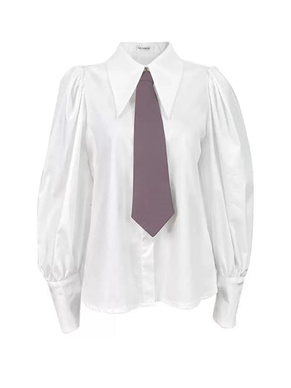 white pointed collar volume long-sleeved shirt 
