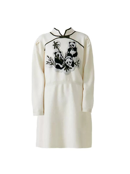 panda embroidered stand collar knitted dress 