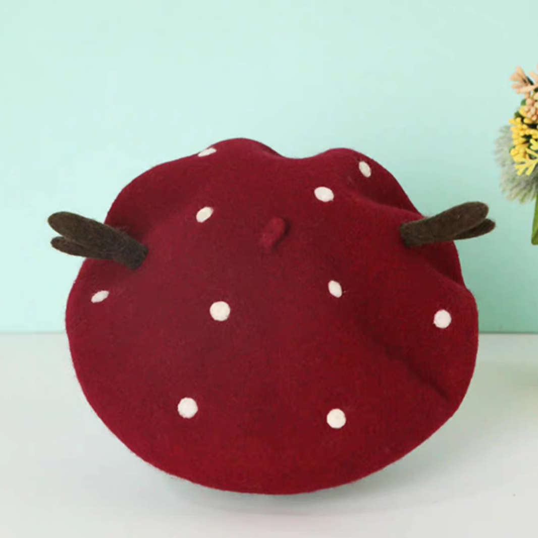 wool polka dot Christmas deer antler beret