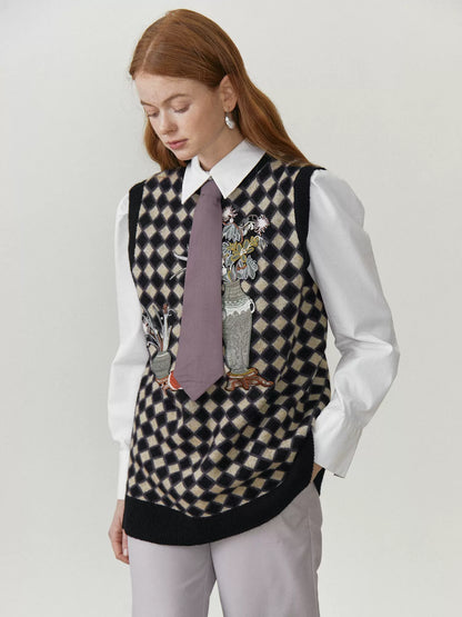 Checkerboard vase embroidered knitted vest 