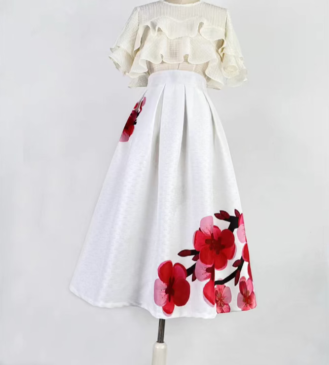 red plum blossom mid-length A-line skirt