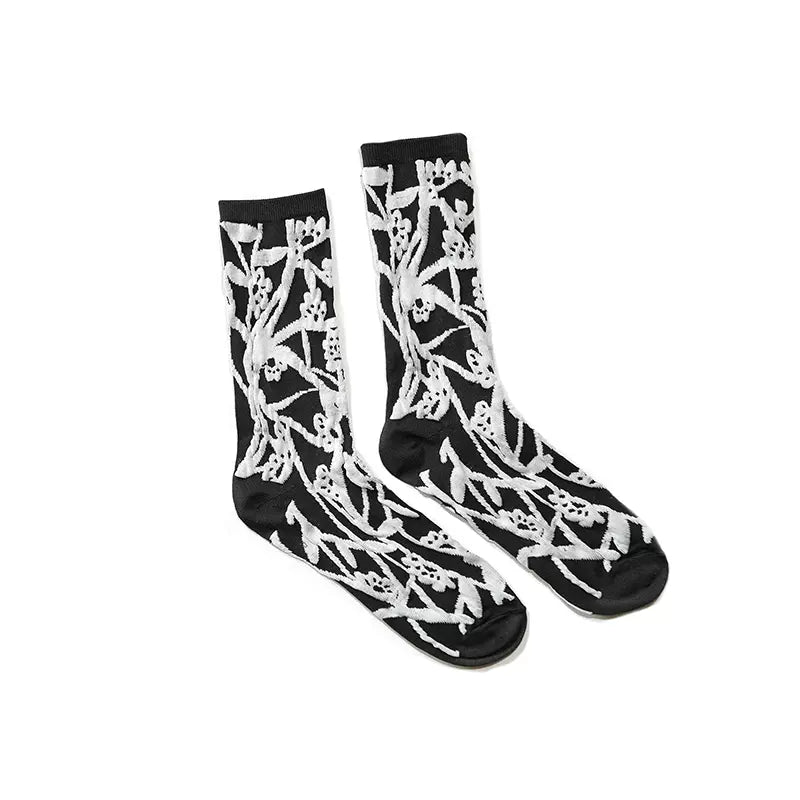 black and white jacquard mid-calf socks