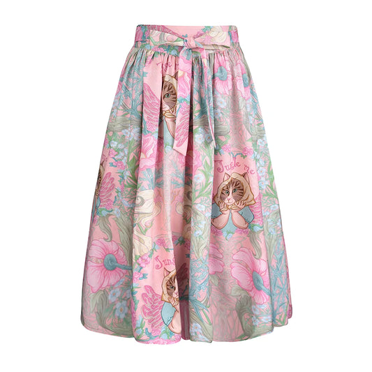 illustration cat printed ribbon skirt