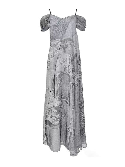 silver gray print splicing suspender dress 