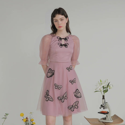 pink butterfly embroidery dress 