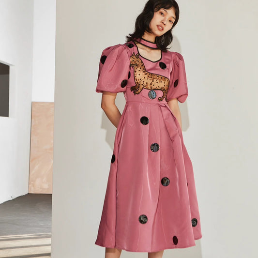 leopard cat embroidered polka dot short-sleeved dress