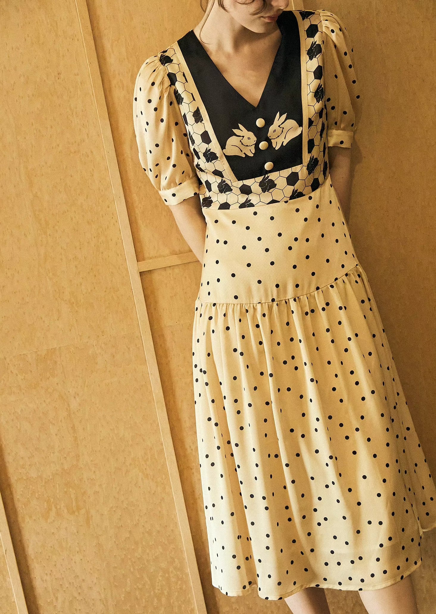 Geometric Rabbit Stitching Retro Polka Dot Dress – remulia