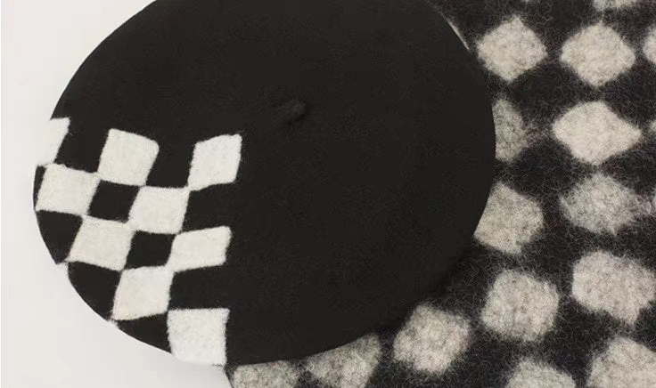 Checkerboard black and white square beret