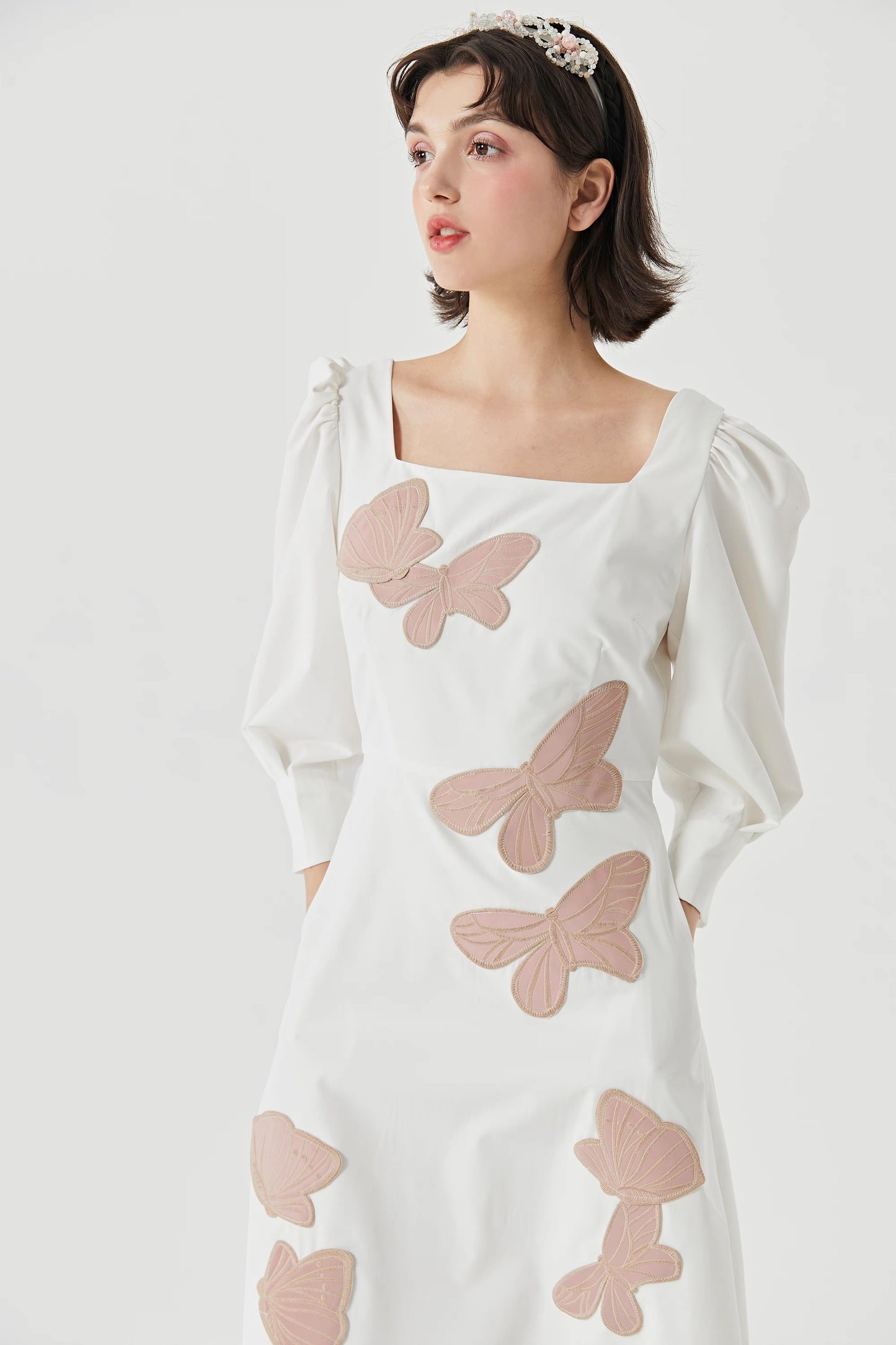 pink butterfly embroidered square collar temperament dress