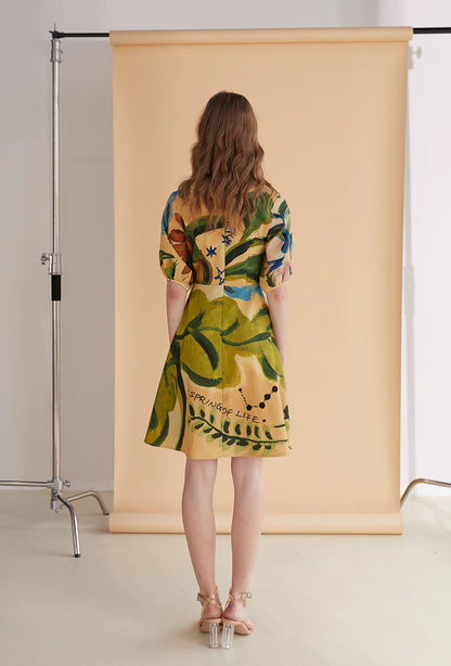 oil painting printed short-sleeved dress 