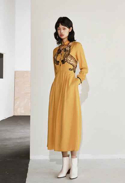 yellow leopard cat embroidered hollow long-sleeved dress 