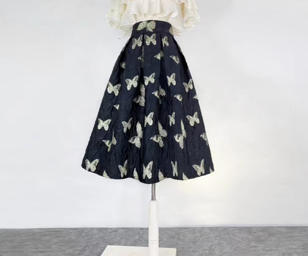 Butterfly retro embroidered high-waisted A-line fluffy skirt 