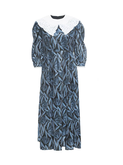 blue butterfly embroidered lapel dress 
