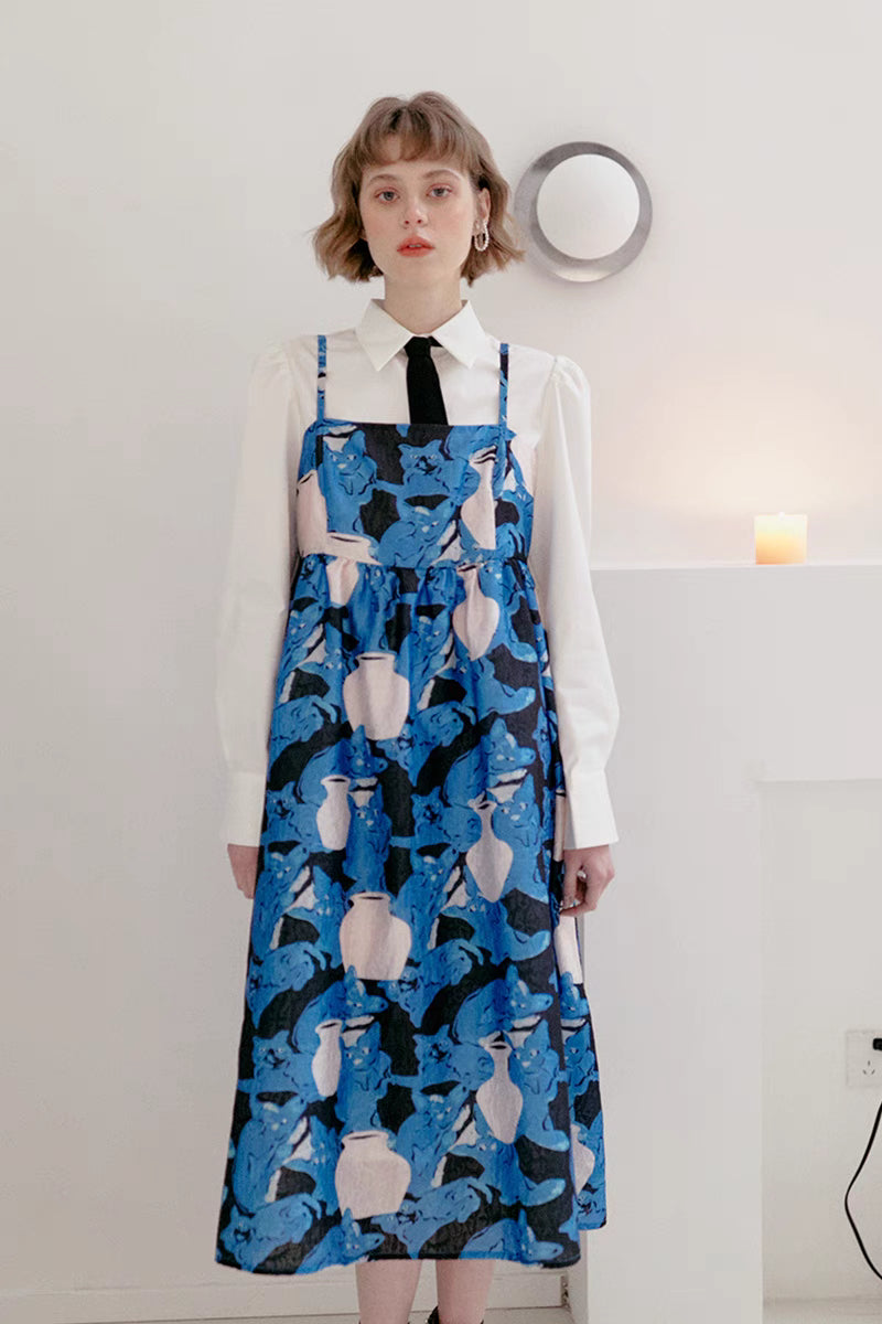 blue cat and vase print suspender dress 