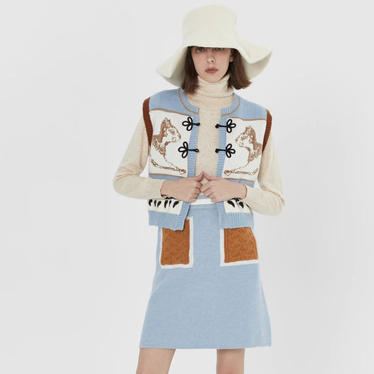 retro contrast pocket designer brand knitted skirt