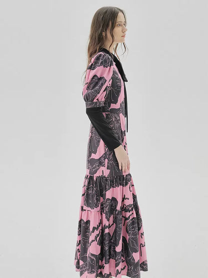 pink and ink portrait print lace dress 