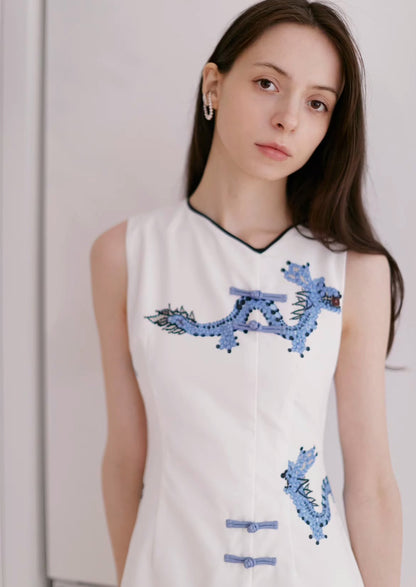 buckle blue dragon cloud print diagonal collar dress 