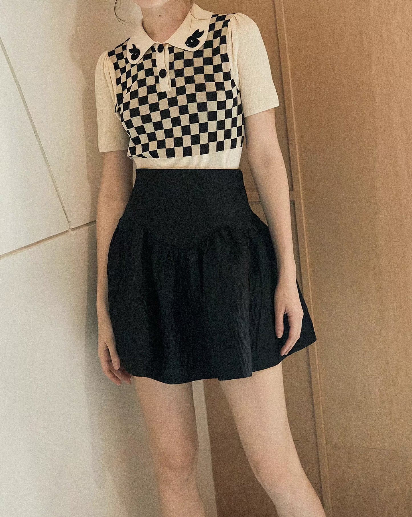 Checkerboard Black Rabbit Embroidery T-Shirt