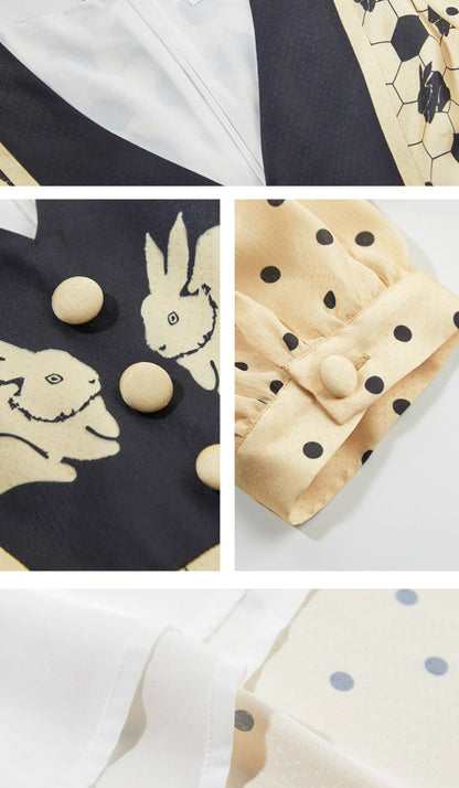 Geometric Rabbit Stitching Retro Polka Dot Dress 