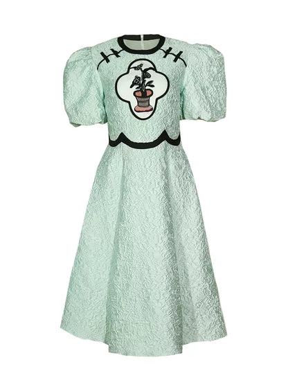 green textured embroidered button dress 
