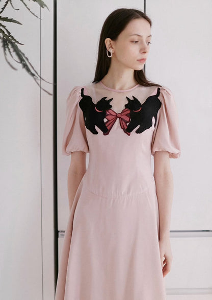 pink bow dog embroidery dress 