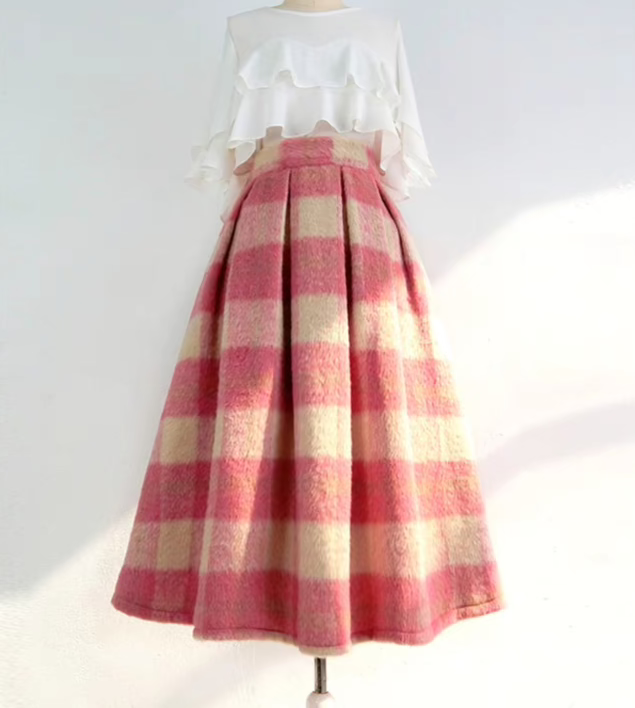 pink plaid woolen A-type high-waisted skirt