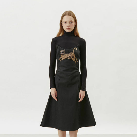 new style cat embroidered black denim dress