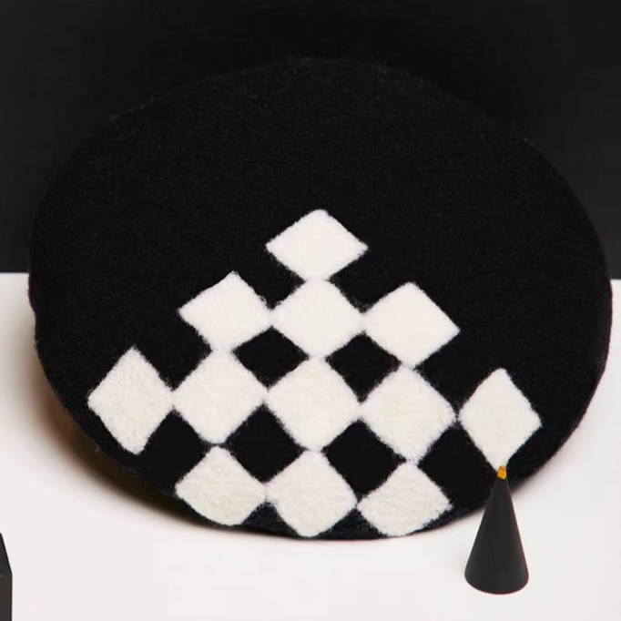 Checkerboard black and white square beret