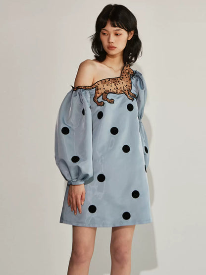 leopard cat polka dot oblique shoulder long sleeved dress 